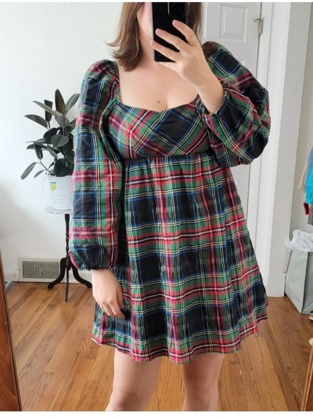 J. Crew Puff-sleeve mini dress in Stewart tartan holiday Christmas
